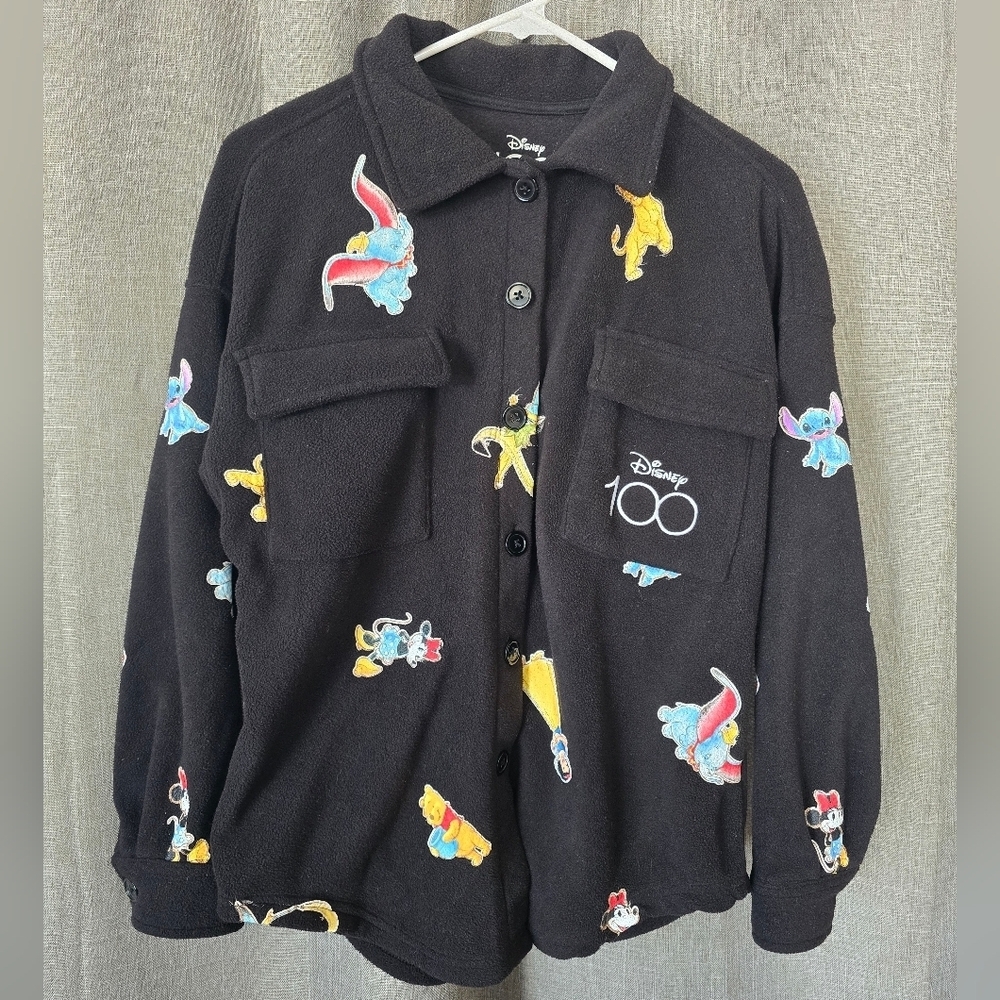 Disney 100 Year Celebration Black Button Down Shirt with Colorful Characters Sm
